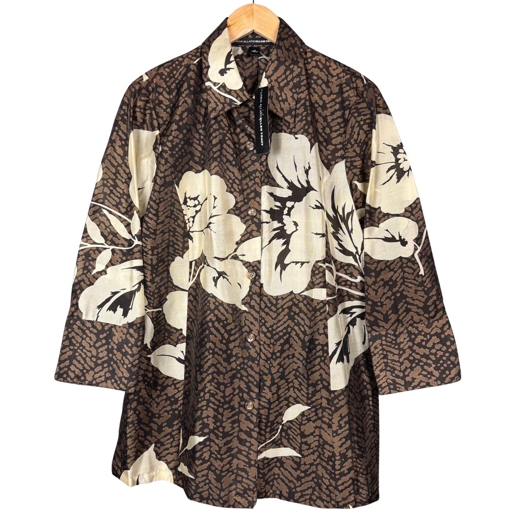 NEW Linda Allard Ellen Tracy Blouse Womens 12 Brown Silk Blend Floral Vtg